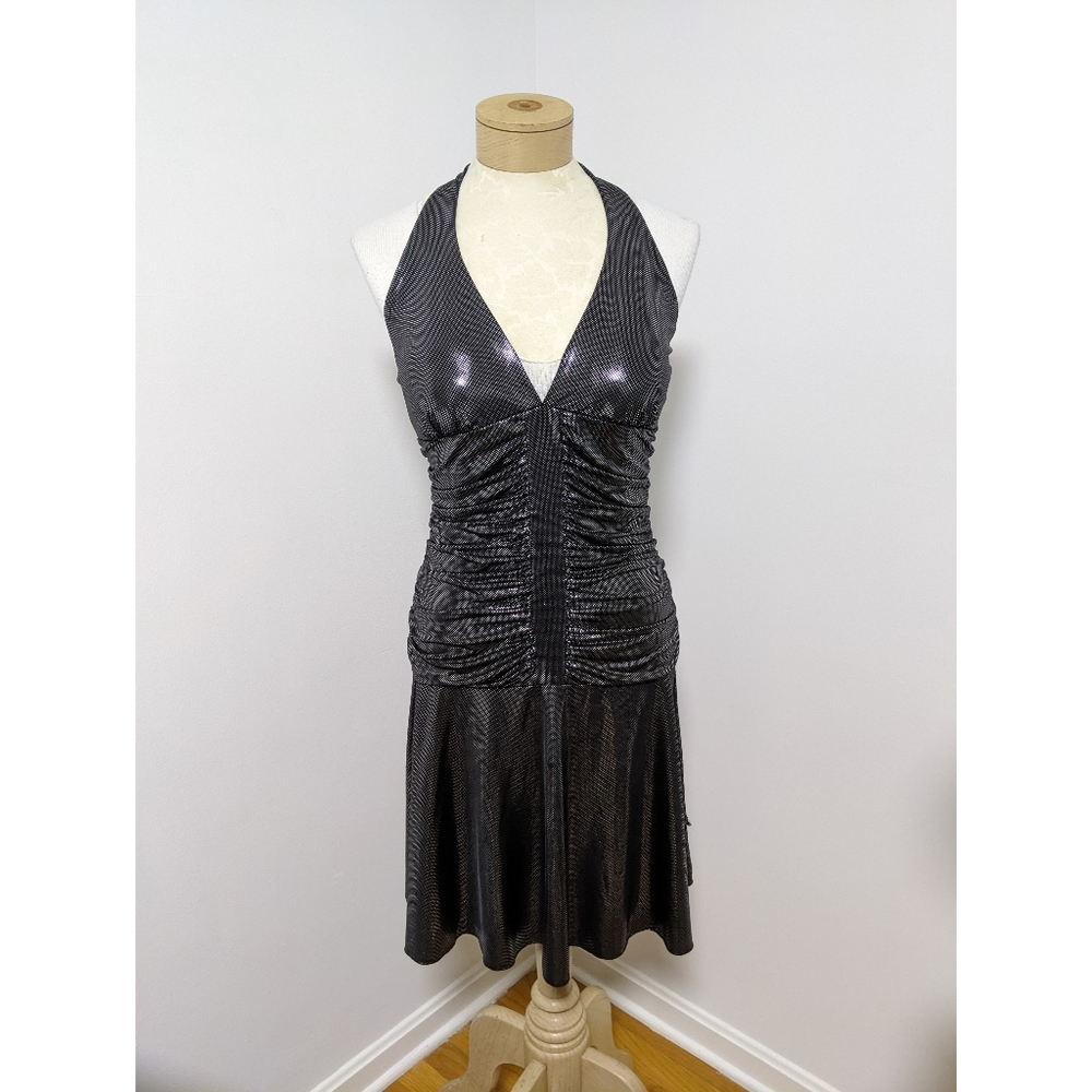 TABOO Vintage Black & Silver Metallic Disco Diva Halter Mini Dress